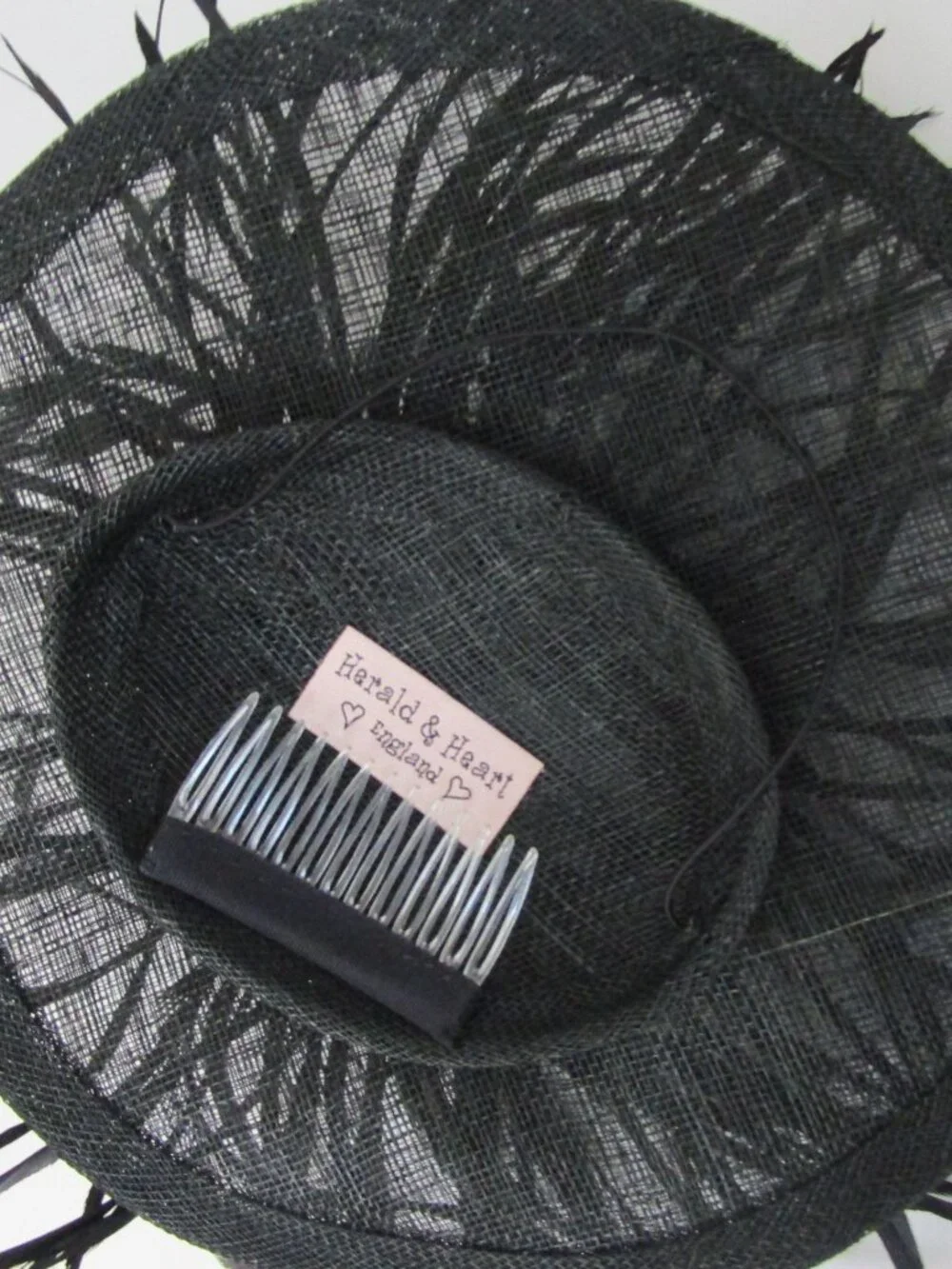 Whimsical Black Straw Platter Hat Dancing Feathers England